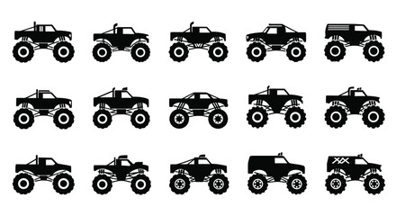 Collection of monster trucks in various designs presented as a silhouette © Jewel