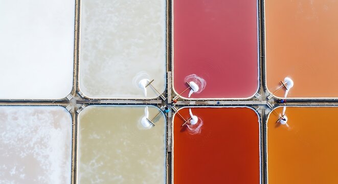 Aerial view of colorful salt evaporation ponds with workers harvesting salt