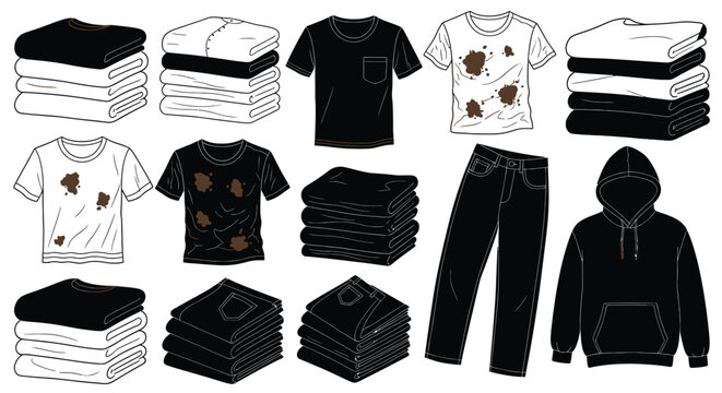 Folded clothing items including t shirts pants and a hoodie in a flat lay silhouette