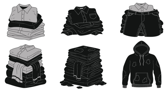 Folded clothing stacks including shirts pants and a hoodie silhouette