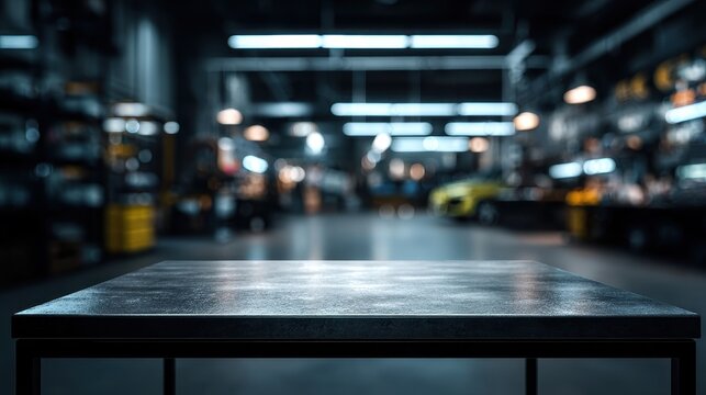 High quality photo of empty dark metal table top on blurred automotive workshop background.
