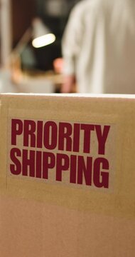 Office, box and priority shipping label for logistics, package distribution and rush order delivery. Freight, supply chain and parcel with express sticker to streamline transport, startup and people