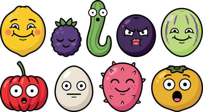 Colorful fruit and vegetable characters with expressive emotions for children&rsquo;s storybooks, playful sticker packs, educational posters, and creative branding projects