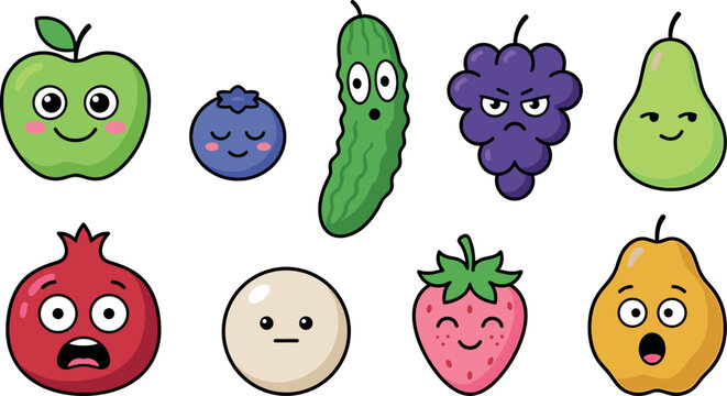Vibrant fruit and vegetable characters with expressive emotions for playful sticker sets, children&rsquo;s learning resources, branding mascots, and creative art projects