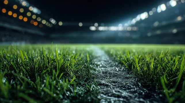 High quality photo of green grass macro in sports arena with lights background. Close up of soccer field lines. Background soccer lawn grass football stadium ground view.