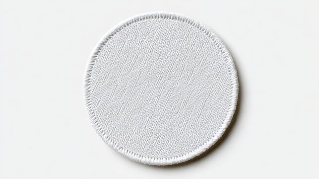 High quality photo of isolated rounded embroidered patch mockup with clear circular stitches on a blank white background, awaiting custom icon or logo design, ideal for branding and.