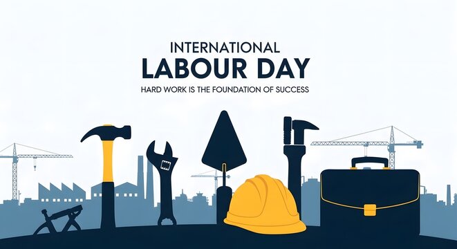 International Labour Day flat design illustration with construction and business tools