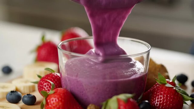 Smooth, creamy purple smoothie being poured into a glass surrounded by fresh strawberries and bananas. A vibrant representation of healthy eating and nutritious choices