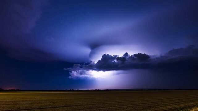 Static long exposure time lapse wide angle view of thunderstorm supercell cloud illuminated by internal lightning over open rural farmland horizon at night