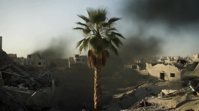 Static shot of palm tree standing amid rubble with heavy smoke rising over war damaged urban neighborhood in daylight aftermath