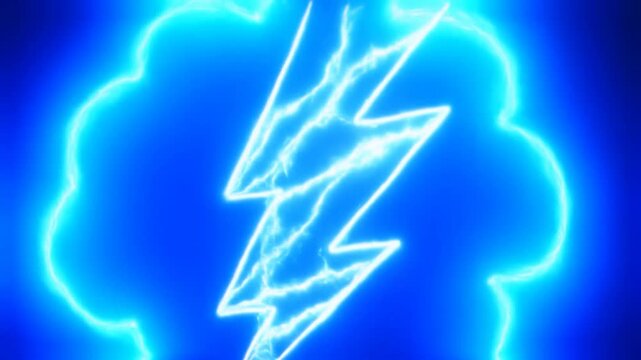 Slow motion close up of neon cloud lightning bolt pulsing and crackling with electric glow on dark studio backdrop for futuristic technology animation