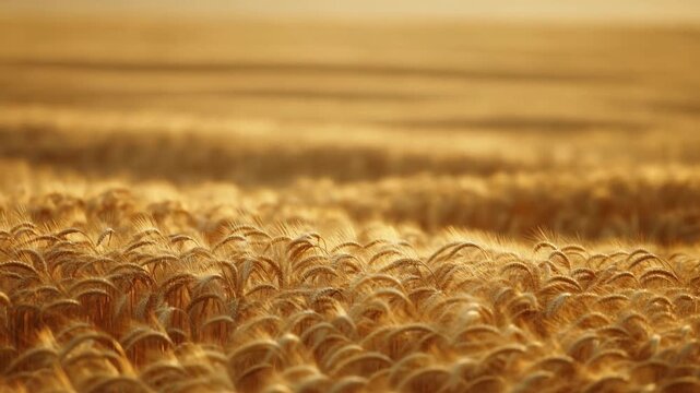 Slow tracking pan of golden wheat stalks swaying across open farmland field during golden hour closeup to wide pastoral view