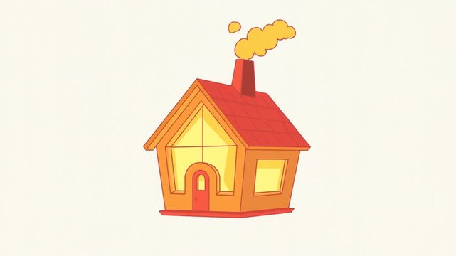 Static shot of cartoon house with chimney smoke rising and subtle sway on plain white background, warm yellow and red color palette, minimal illustration