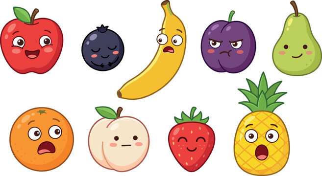 Playful cartoon vector illustration of assorted fruits with expressive faces showing emotions such as happiness, surprise, anger, sleepiness, and cheerfulness