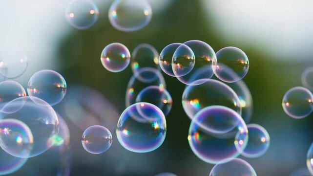 Slow motion tracking shot of soap bubbles floating across backyard garden with iridescent reflections and soft bokeh background