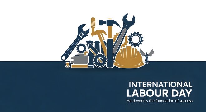 International Labour Day flat design with tools and hard hat celebrating workers