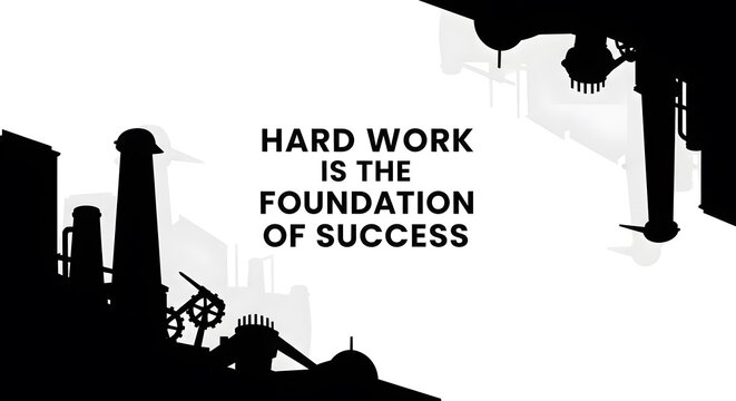 Silhouette of construction workers with motivational hard work success quote on grunge background