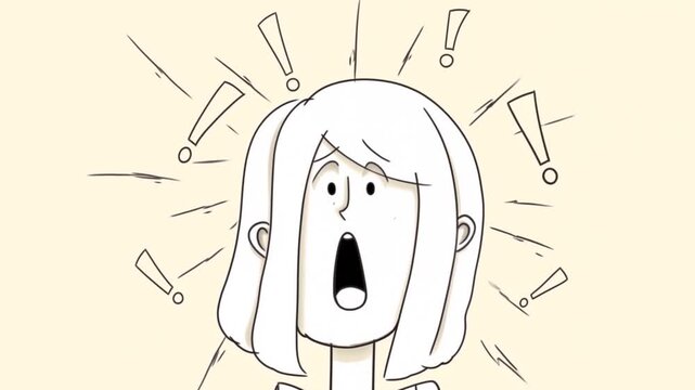 Slow zoom in of animated woman gasping with exclamation symbols in neutral beige studio background close up portrait reaction shot line art sketch