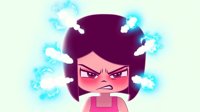 Static close up shot of cartoon girl fuming with steam puffs bursting from head against pastel studio background and expressive scowl