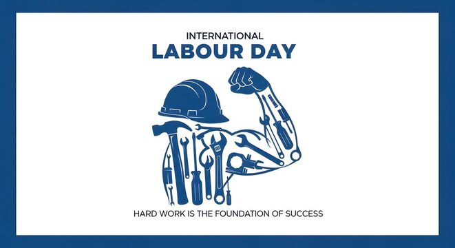 International Labour Day poster with construction tools and motivational quote on blue background