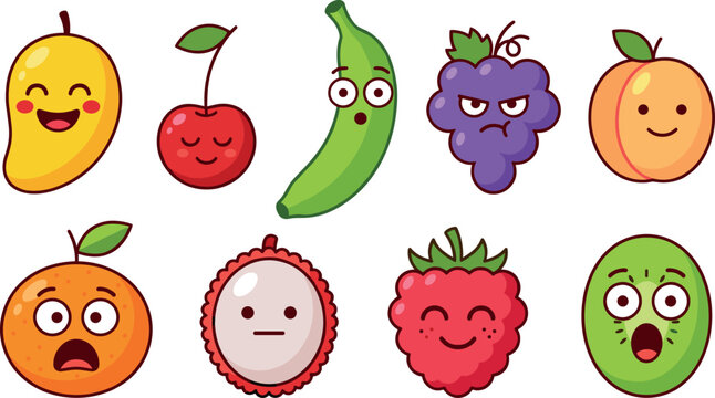Playful cartoon vector illustration of assorted fruits with expressive faces showing emotions such as happiness, surprise, confusion, and anger