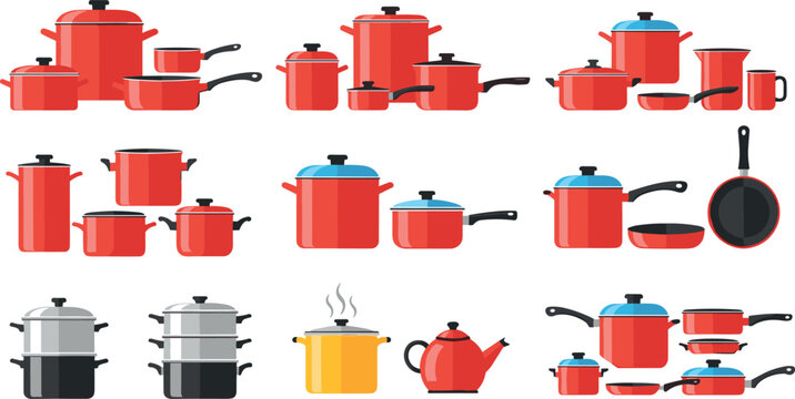 Kitchen cookware vector set including pots pans kettles and steamers colorful cooking utensils collection isolated flat illustration design