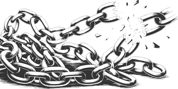 Breaking heavy metal chains with flying shattered links concept of freedom and liberation vector illustration.