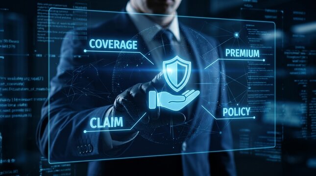 Businessman in sharp suit interacting with futuristic holographic insurance interface showing coverage premium and claim icons in a professional setting