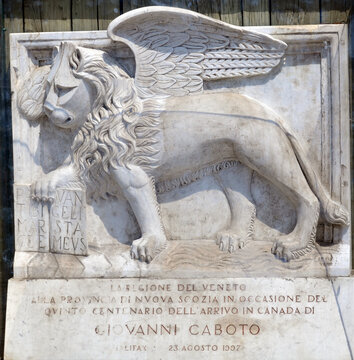 HALIFAX NOVA SCOTIA CANADA: Monument for Giovanni Caboto (also known as John Cabot).This piece of art was erected by the District of Venice, Italy in Halifax, Nova Scotia, Canada