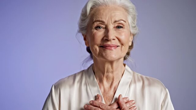 This features a serene senior woman with her hands on her chest, exuding a sense of calmness and peacefulness. Her closed eyes and gentle smile convey a deep sense of relaxation and contentment