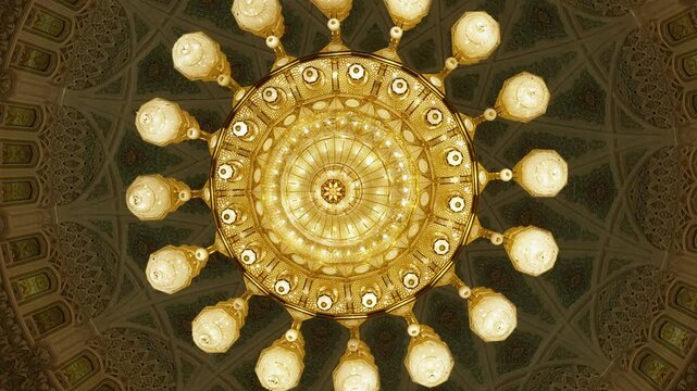 Straight-Up Shot of Grand Sultan Qaboos Mosque Chandelier, Cinematic View of Swarovski Crystal and Gold Dome in Muscat