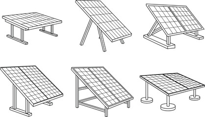 Set of solar panel structures on stands for renewable energy and sustainable power generation © Vector Expert