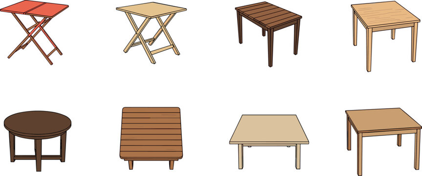Wooden table collection set with folding dining and coffee tables isolated vector illustration furniture interior design elements bundle