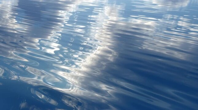 Reflective water surface behaving like a liquid mirror, showing slightly distorted sky and clouds moving independently, with subtle ripples, creating a serene, cinematic, and surreal atmosphere.