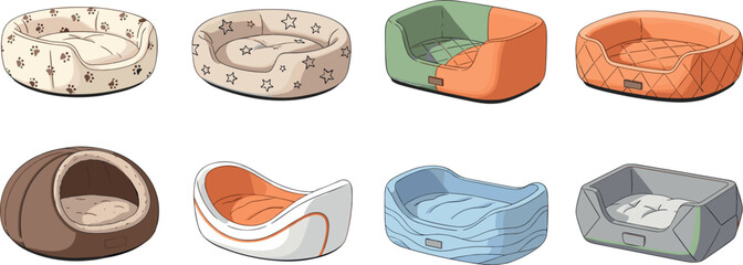 Pet bed collection set with modern cozy dog and cat cushions isolated vector illustration animal furniture accessories design bundle