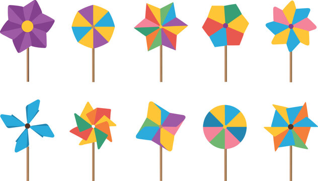 Colorful pinwheel collection set with geometric spinning wind toys isolated vector illustration kids playground decoration design bundle