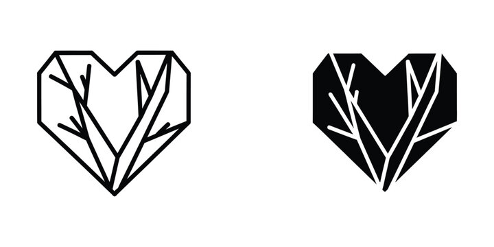 Fractured heart shapes composed of geometric and organic branching patterns.