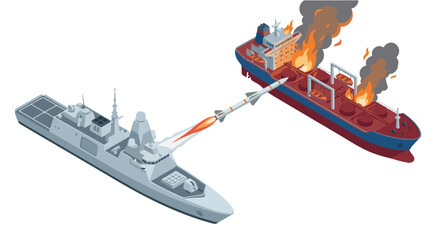 Obraz premium vector isometric of a warship shooting an enemy ship 09