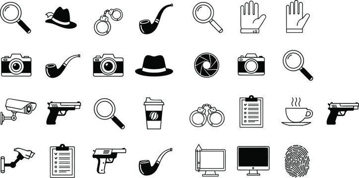 Minimal black detective and surveillance icons set including magnifier camera gun fingerprint pipe hat symbols