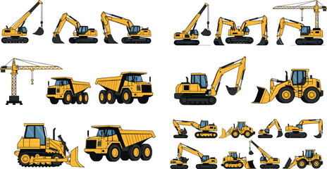Collection of construction vehicles and heavy machinery vectors including excavators cranes dump trucks bulldozers loaders and engineering equipment set © EdGe Creative