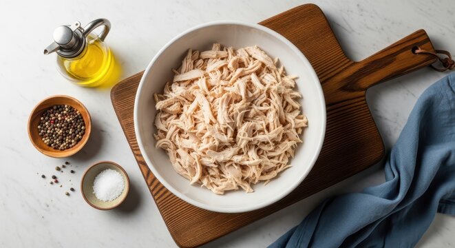Top view of shredded chicken in a white bowl on a wooden cutting board with olive oil, peppercorns, and salt