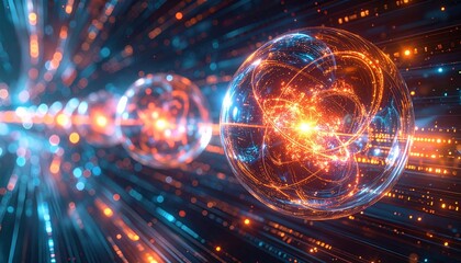Obraz premium Glowing quantum bit spheres spinning in a high speed digital data stream, representing advanced technological computing and subatomic physics research in a vibrant modern environment.