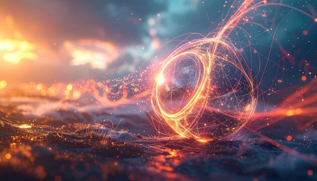Abstract visualization of quantum entanglement and decoherence showing radiant light threads interacting with subatomic particles in a dynamic and ethereal space environment.