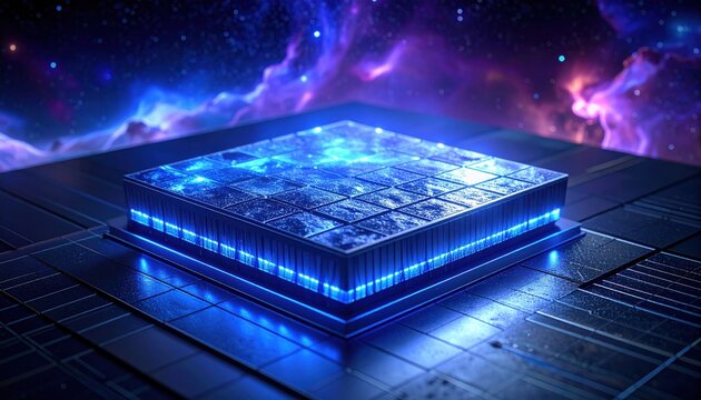 A glowing crystalline superconducting qubit array processor chip sits on a polished silicon wafer, set against a backdrop of a vibrant cosmic nebula representing advanced computing power.