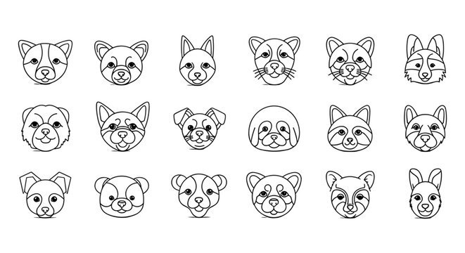 Minimalist animal head line icons, set of 18 geometric pet and wildlife face vectors, clean black and white outline illustrations for logos