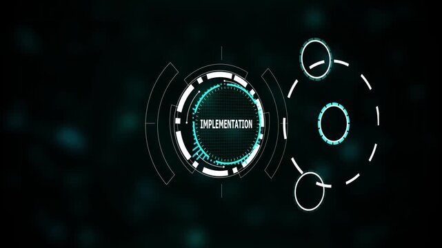 Futuristic digital interface displays the word implementation with glowing cyan accents , Futuristic digital interface and cyan geometric design, Modern data network and business innovation.
