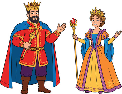 King and Queen Cartoon Characters in Royal Costumes with Crowns and Scepter Isolated for Fairy Tale Illustration, Fantasy Game Design, and Storybook Projects