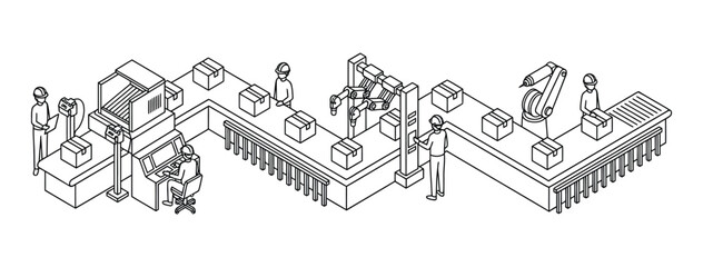 Obraz premium Isometric Factory Assembly Line Illustration with Workers and Robotic Arms