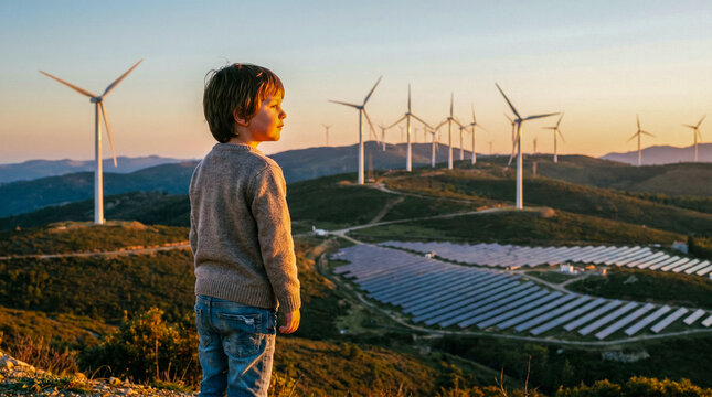 Ni&ntilde;o mirando horizonte con turbinas e&oacute;licas y paneles solares al fondo, luz c&aacute;lida, estilo emocional aspiracional.