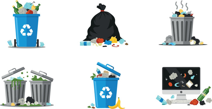 Set of trash and recycling bin vector illustrations showing garbage waste management pollution and environmental cleanup concepts